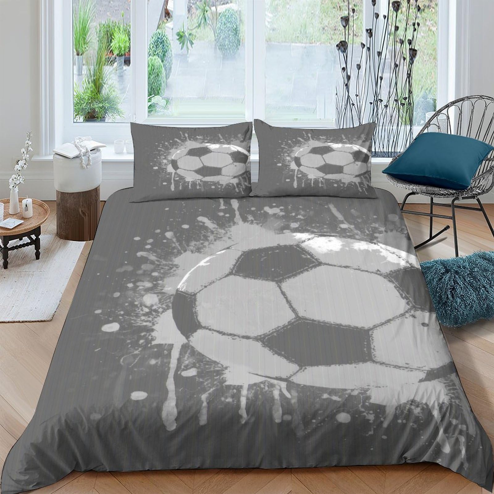 GPLZQXKJNH 3D Printed Soccer Ball Duvet Cover Microfiber Grey Bedding Set with 2 Pillowcases for Bedroom Décor Gift Single（135x200cm）