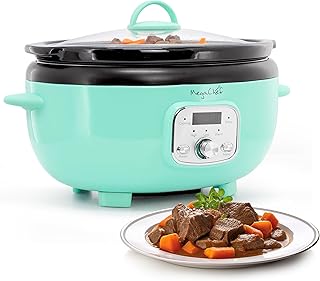 MegaChef 6.9 Quart Oval Electric Slow Cooker, Removable Ceramic Pot, 3 Heat Settings, Kitchen Appliance, Countertop Cooker (Turquoise)