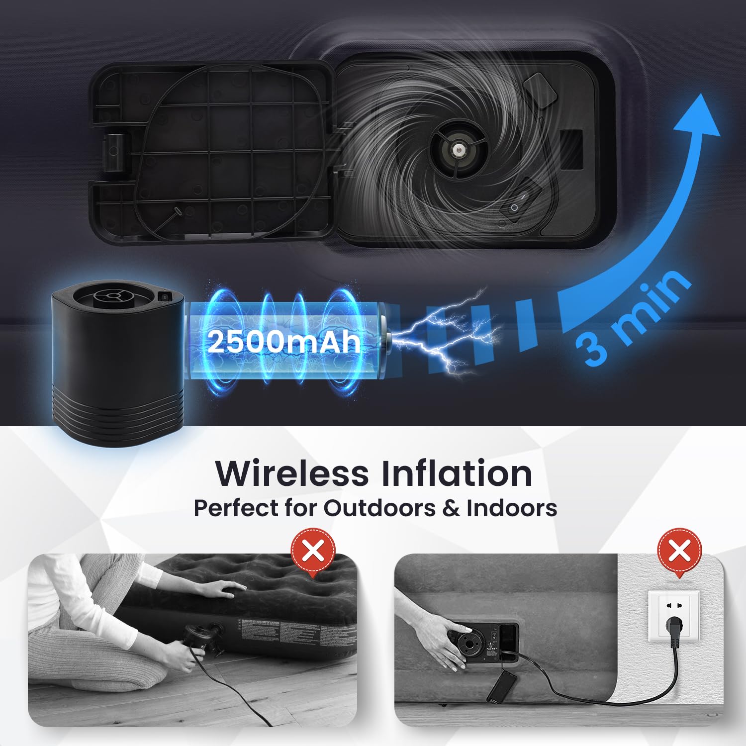 Colchón inflable Queen con bomba de batería integrada de 2500 mAh, 10 pulgadas de altura, colchón inflable rápido y fácil de inflar/desinflar para camping, hogar, maletero, cama, cojín de viaje, cama