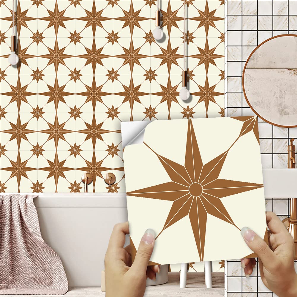 Tile Stickers Brown Yellow Pattern Peel and Stick Floor Tiles PVC Stick on Bathroom Tiles Waterproof Wall Tile Stickers Kitchen Stick on Tiles Oilproof Stick-on Tiles Self Adhesive 15x15cm/10 Pcs