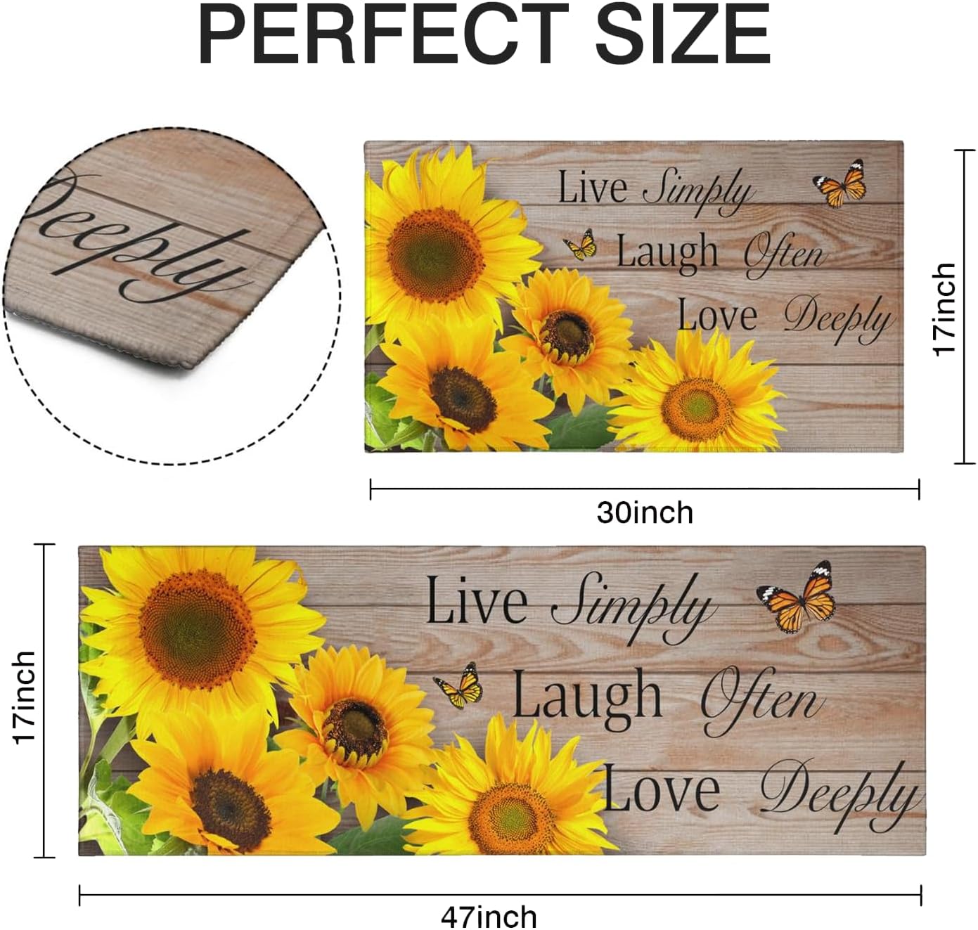 Sunflower Kitchen Rugs Set of 2, Farmhouse Kitchen Mats Non-Slip Washable, Sunflower Kitchen Decor Floor Mats for Kitchen Sink Laundry Room, 17x30+17x47 Inch Yellow