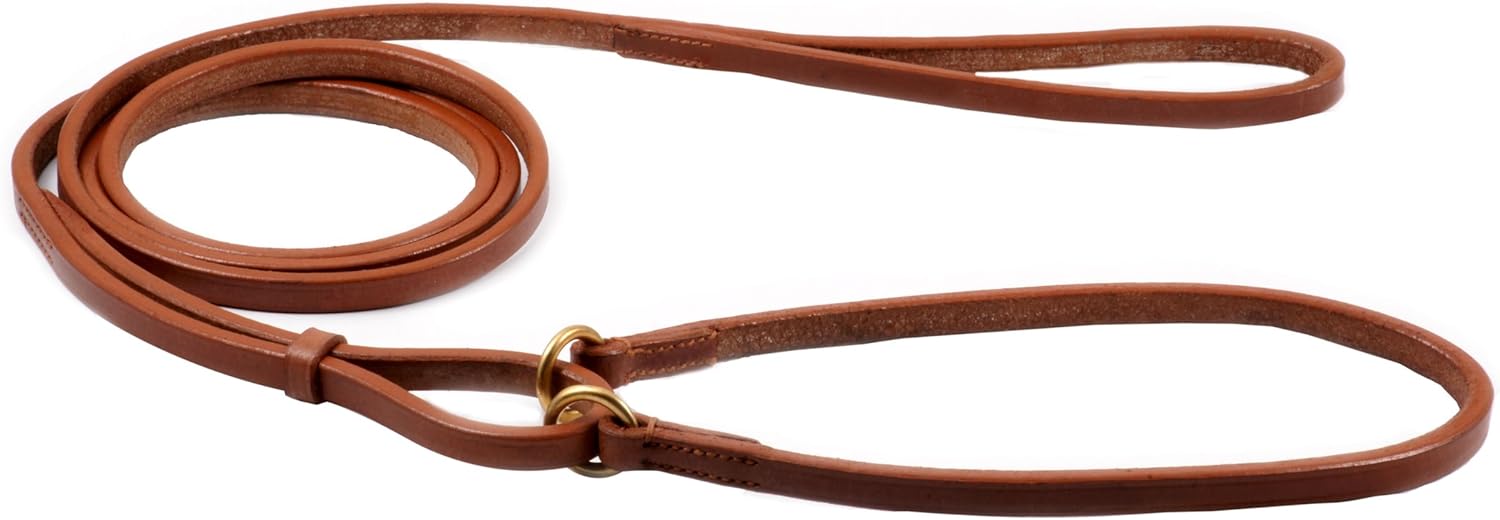 Alvalley Martingale Flat Dog Leash - Handmade Leather Dog Leash - Comes with Two Loops to Easily Control Pet - Suitable for Training & Walking (Brown, 9.5mm Thickness, 68 in Length, 12 in Collar)