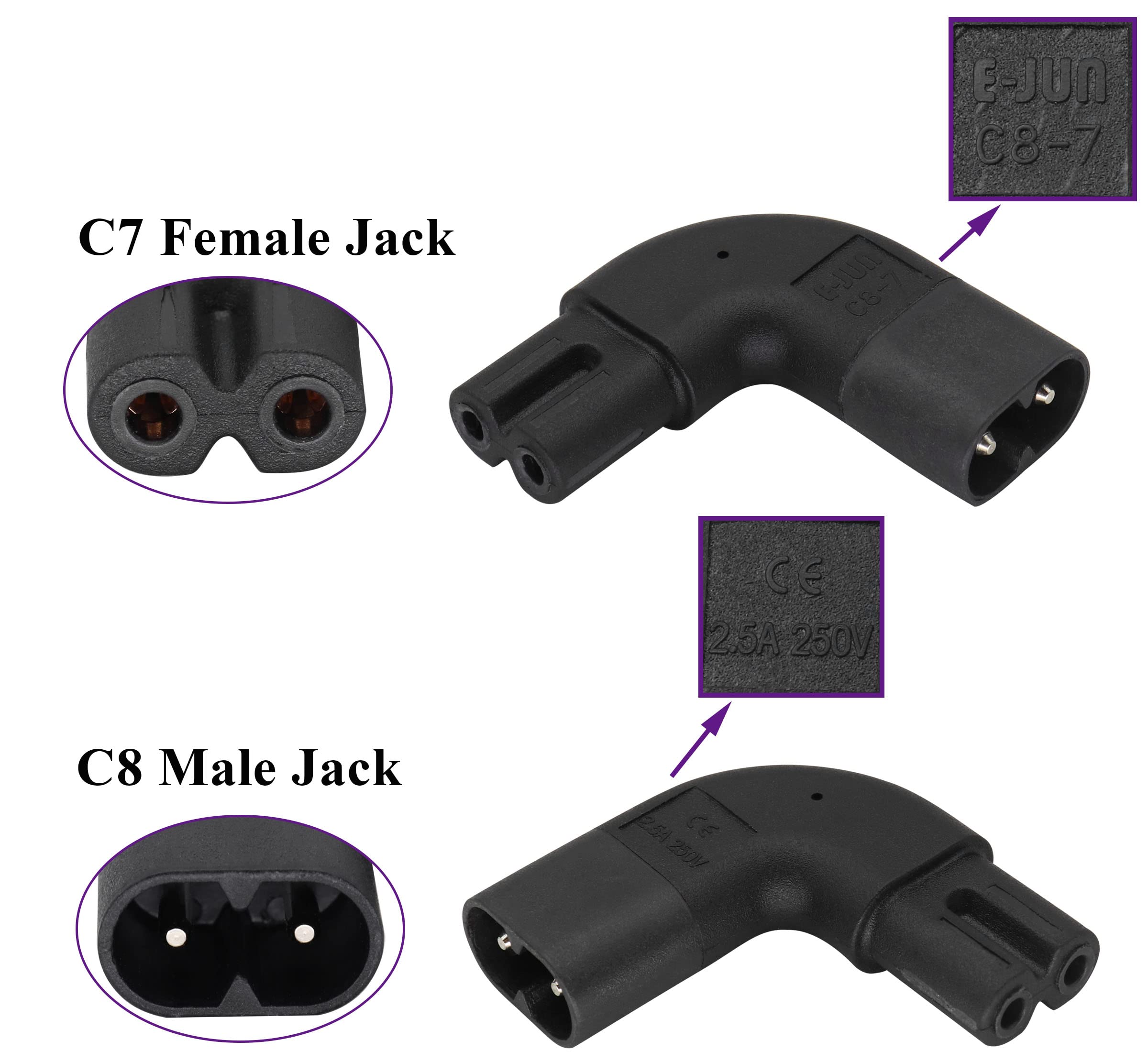 5-Pack IEC320 C7 To C8 Right Angle AC Adapters | Figure 8 Power Cord Converter, 2.5A 250V, Black