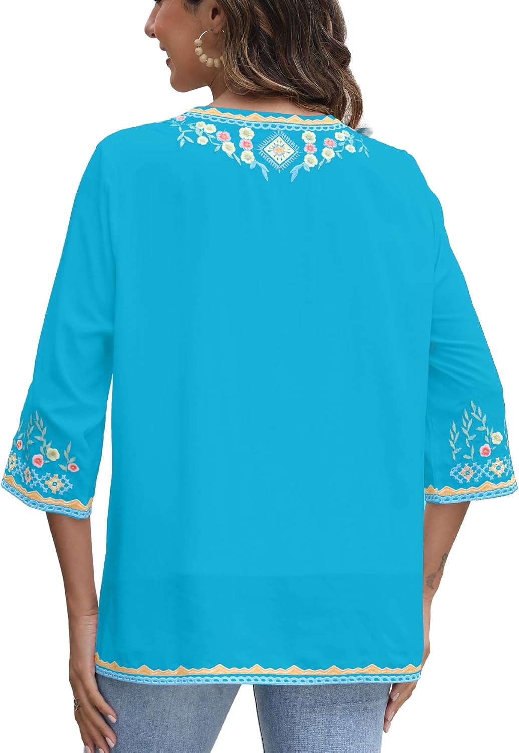 Mexican Embroidered Shirts for Women Bohemian Tops Peasant 3/4 Sleeve V Neck Shirt Tunic Blouses - Image 2