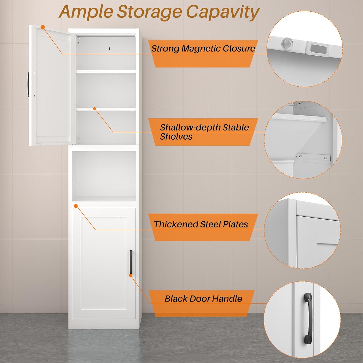 Metal Bathroom Storage Cabinet, 67" H Tall Narrow Storage Cabinet, Tall Narrow Storage Cabinet, Skinny Cabinet for Small Spaces, Bathroom, Pantry