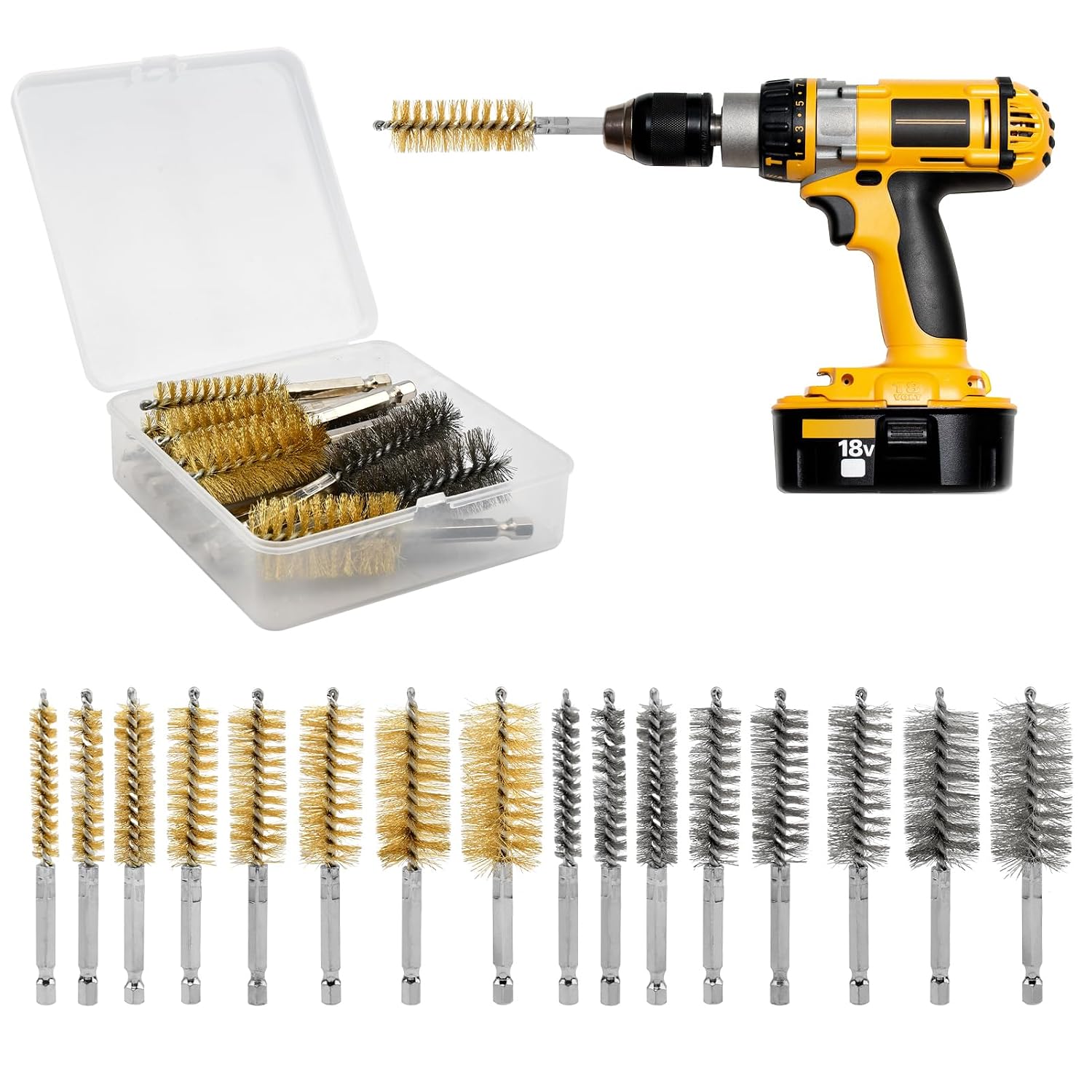 16Pcs Stainless Steel & Brass Drill Wire Bore Cleaning Brushes,Abrasive Wire Bore Brush for Power Drill Cleaning,Different Sizes for Rust and Tube Cleaning(8, 10, 12, 15, 17, 19, 22, 25mm)