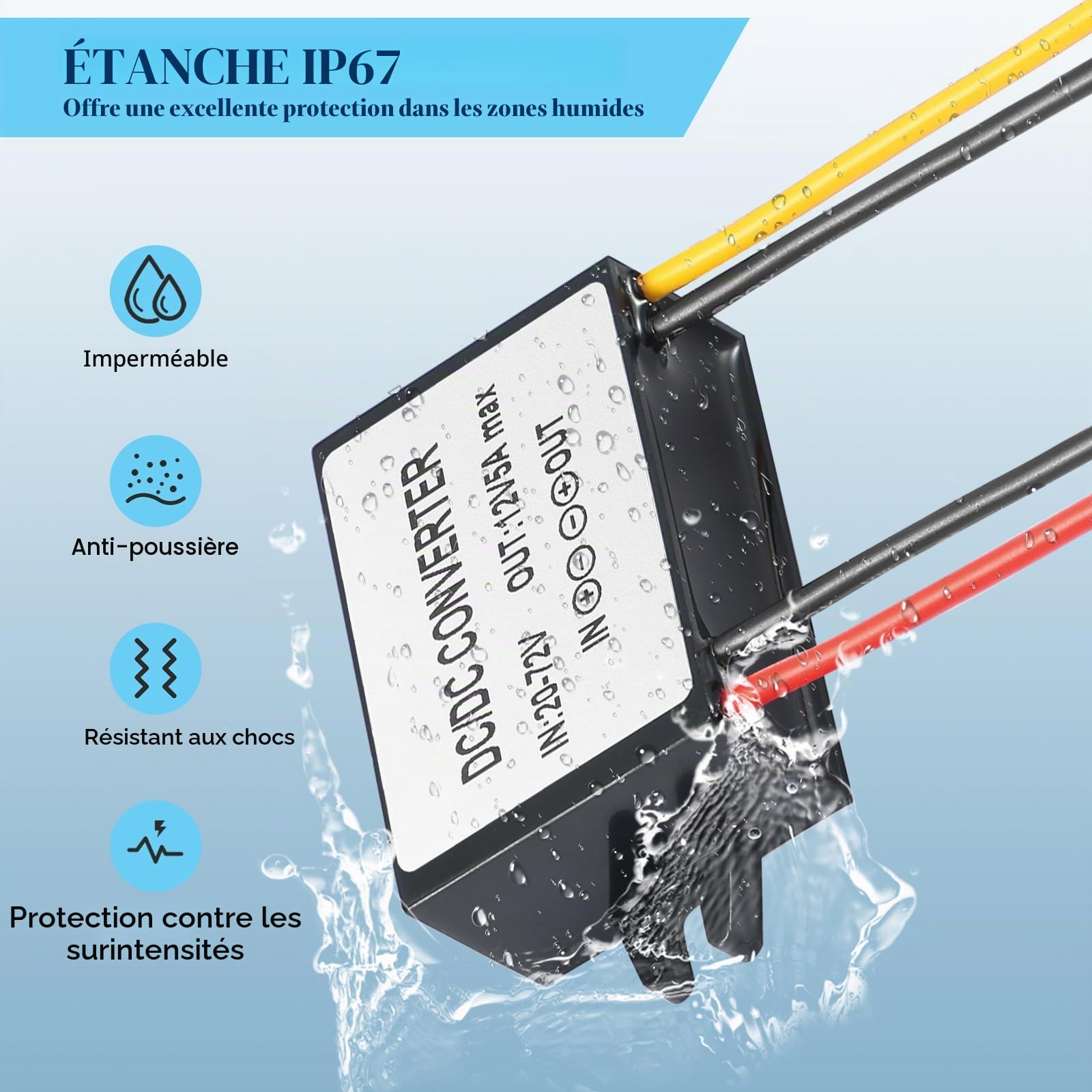 IP67 Convertisseur DC-DC imperméable 17-72V à 12V 5A 60W - Régulateur de tension pour camions, tracteurs, systèmes solaires (à l'épreuve de la poussière/des chocs)