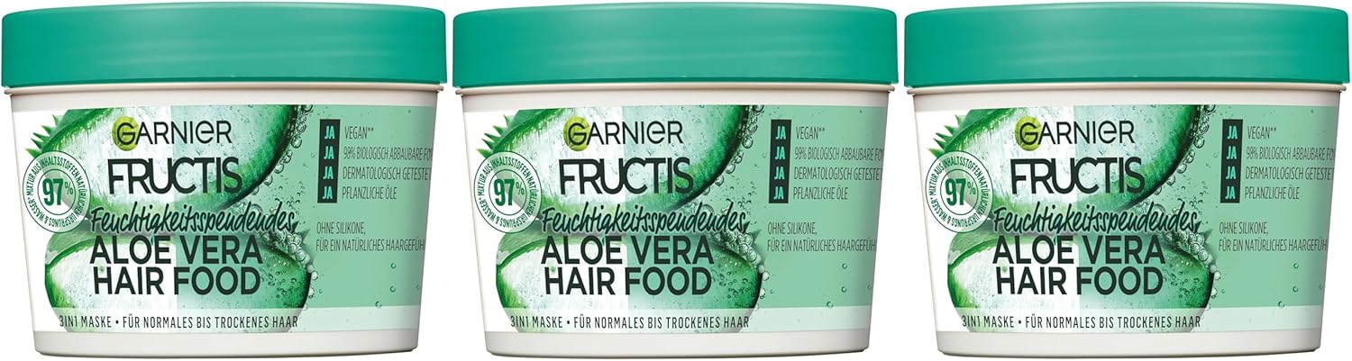 Garnier Fructis Hair Food Aloe Vera, hydraterend 3-in-1 haarmasker, onschadelijk voor soepel haar, 3 x 390 ml