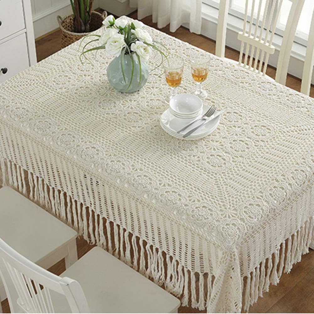 Handmade French Simple Floral Table Protector with Tassels for Hotel Wedding Round Square Rectangular Table Decor,Round Lace Crochet Cotton Tablecloth Beige 170x170cm(67x67inch)