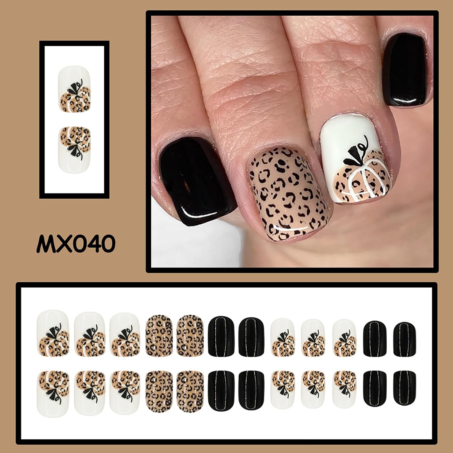 Fall Press on Nails Short Square Fake Nails Black and Brown False Nails with Pumpkin Designs Autumn Stick on Nails Full Cover Glue on Nails for Woman Girls 24Pcs