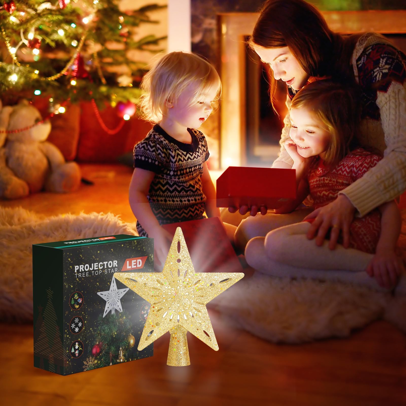 Johiux Etoile Sapin de Noel,Pointes de Sapin 3D Rotation Projecteur,Etoile Sapin de Noel Lumineuse,Arbre de Noël Topper,Cimier de Sapin de Noël