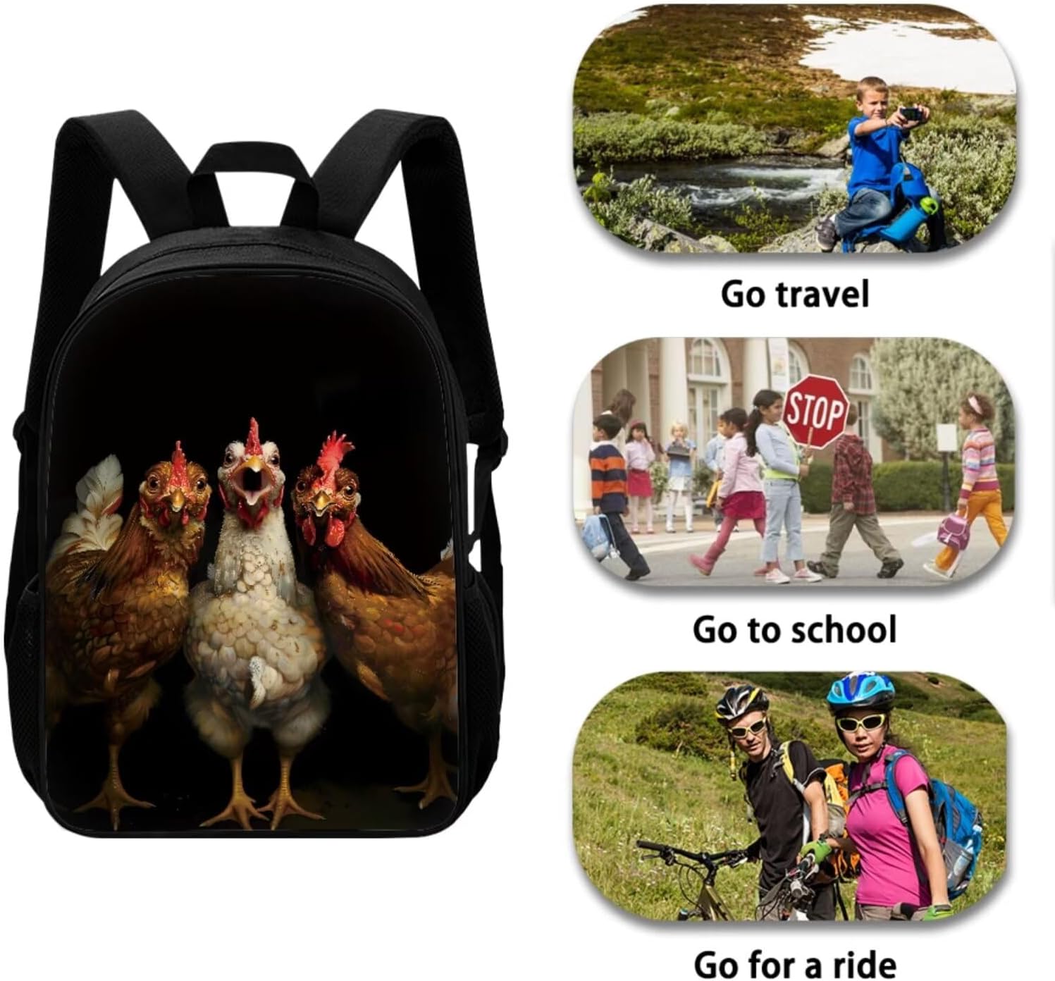 Xoenoiee Chicken Rooster Black Pattern 3 Pcs Kids BookBag+Lunch Box+Pencil Bag for Primary/Middle School Bag Backpack Set for Boys Girls