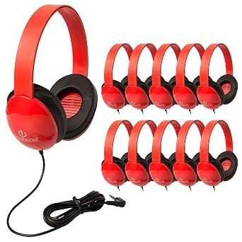 Egghead Heavy-Duty Kids Headphones with Padded Ear Cups and 6 Cord, Adjustable Tangle-Free Plastic Classroom Headphones for Kids, Pack of 10, Red