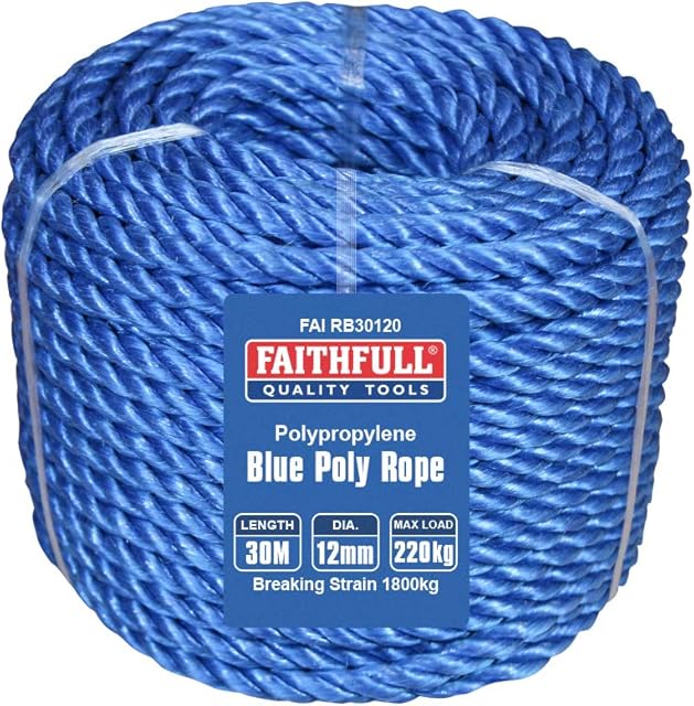 Faithfull FAIRB30120 Blue Poly Rope Coil 12mm Dia x 30M Max Load 220kg, Breaking Strain 1800kg