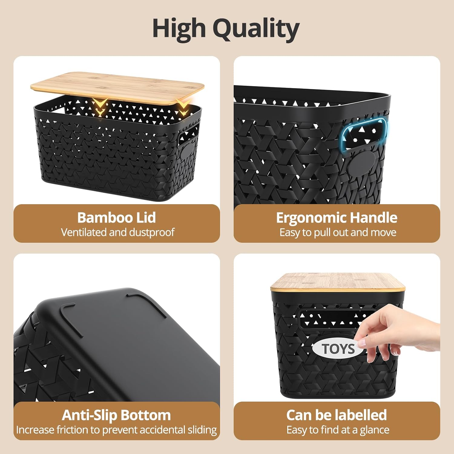 Plastic Storage Bins with Bamboo Lids, Stackable Small Box Baskets for Organizing and Containers for Shelves Drawers Desktop Closet Pantry Classroom Office Home, 4 Pack 12x7.3x6.2 Inch, Black