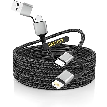 Extra Long iPhone Charging Cable 5 m MFi Certified 4 in 1 Cable 15 ft Braided Cable 60 W Fast Charging Cable Charging Cable Lightning / Type C / USB A for iPhone 17/16/15 iPad Samsung Android
