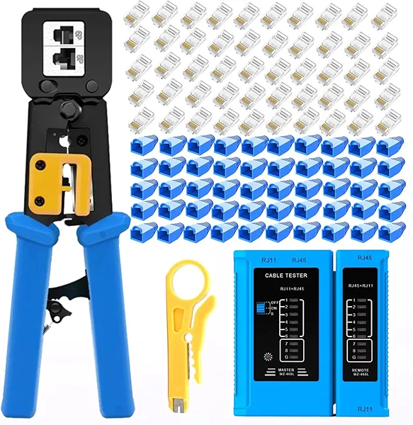 Gaobige rj45 Crimping Tool for Cat6 Cat5e Cat5, Sturdy Crimper for rj45 rj12/11 Pass-Through Connectors with 50pcs rj45 Cat5e Pass-Through Connectors, 50pcs Covers, Wire Stripper; Network Cable Tester