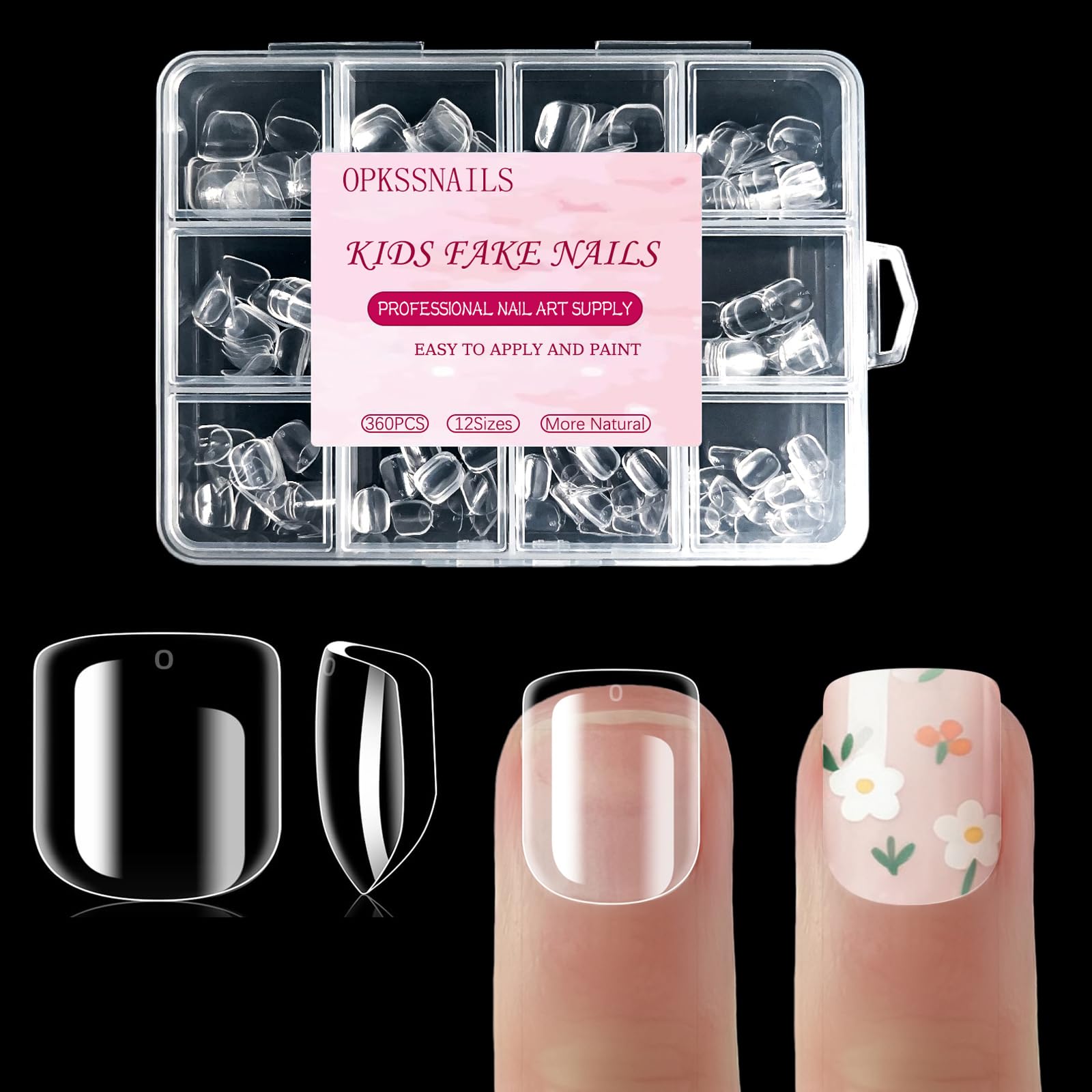 OPkssnails 360Pcs Extra Short Kid Nail Tips,Soft Gel Nail Tips Pre-Shaped Press On Nails For Kids,Clear Acrylic Half Matte Full Cover Fake Nail For