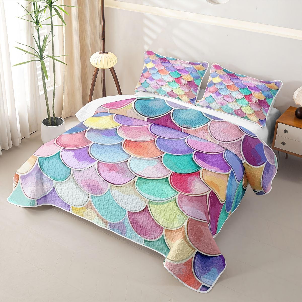 Castle Fairy Rainbow Mermaid Scale Quilt Set Girly Watercolor Fish Quilted Coverlet Kids Boys Girls Fairy Tale Lightweight Soft Bedspread Coverlet with 2 Pillow Sham Queen Size Purple Yellow