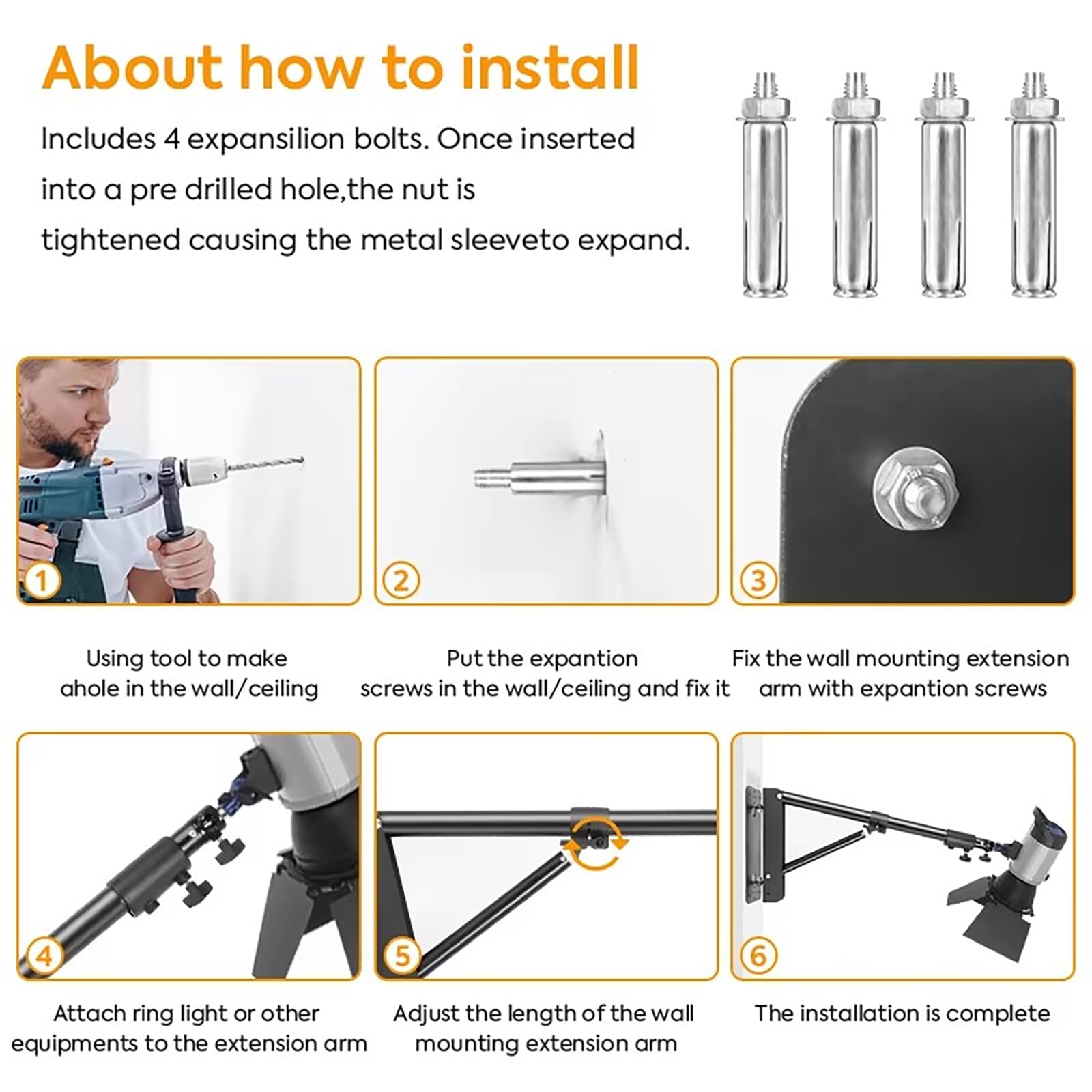 NEWFUN Soporte de Pared para Fotografía, Brazo Mural Triangular, 53-100 CM, Brazo Triangular Brazo de Pared de Cámara Giratorio 180° Flexible para luz Anular, Softbox, Paraguas Monolight