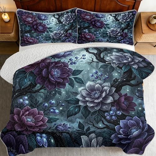 Midnight Fantasy Floral Quilt Set with Dark Botanical Blooms, Reversible
