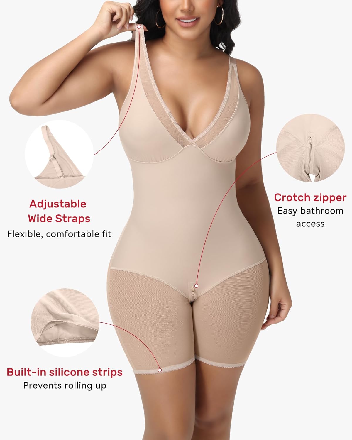 V Neck Shapewear for Women Tummy Control Low Back Bodysuit Full Body Shaper Butt Lifting - Image 5