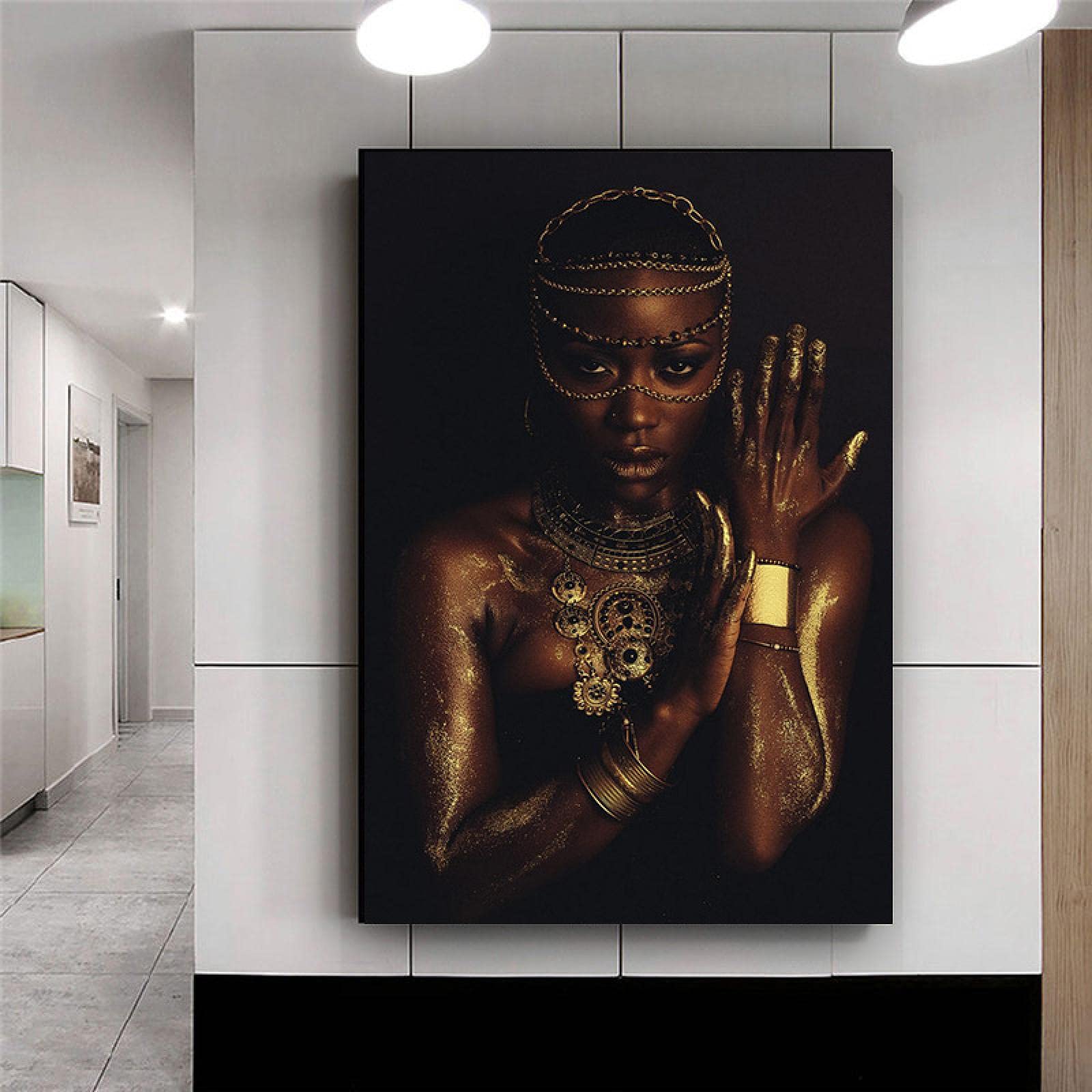 Affiche Toile Femmes Noir et Or Art Africain 60x80cm Décoration Murale