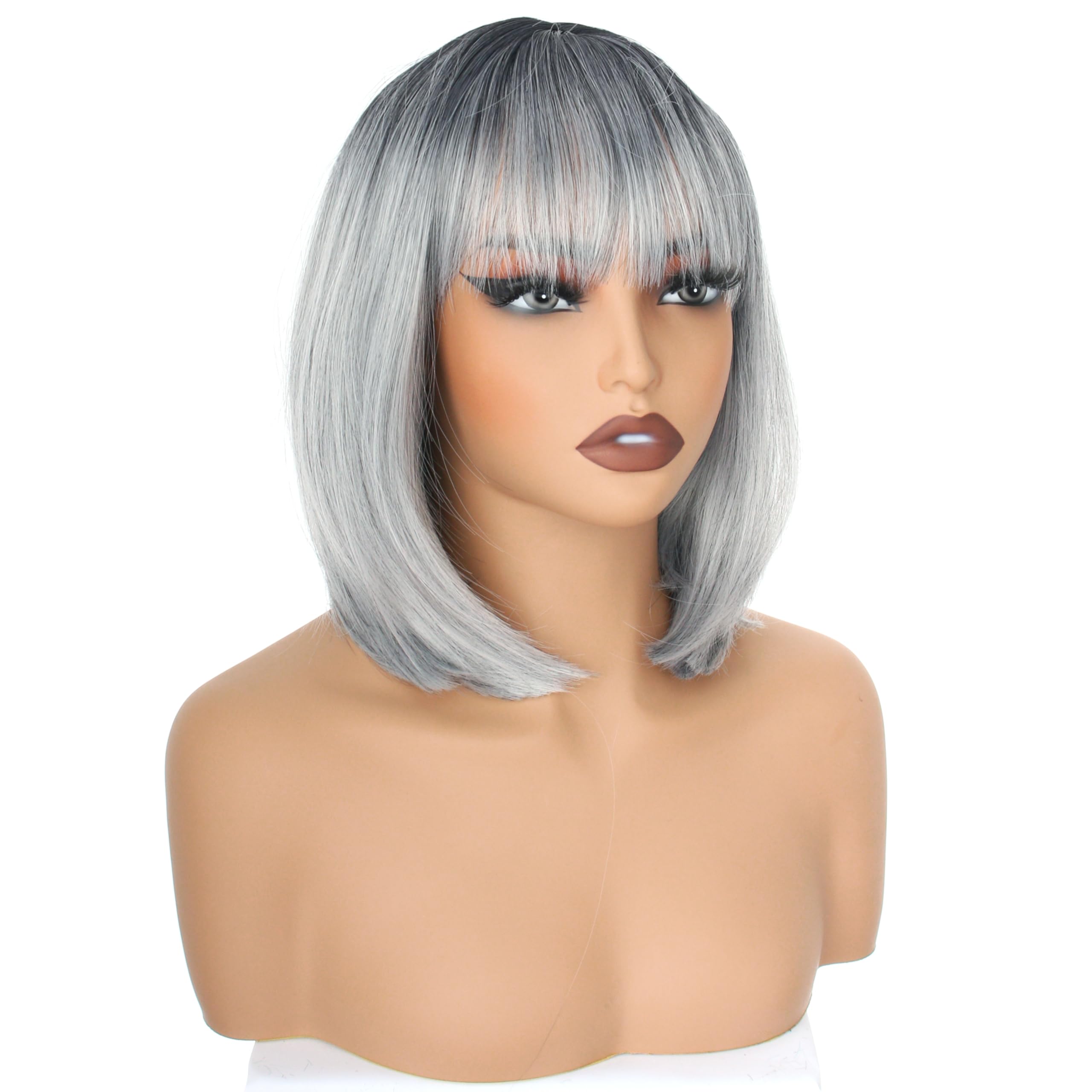 YEESHEDO Women's Short Bob Wigs Straight with Flat Bangs Colorful Hair for Cosplay Party Halloween Costume Replacement Wig for Girls 12" (Gray wiht Dark root) - Image 3