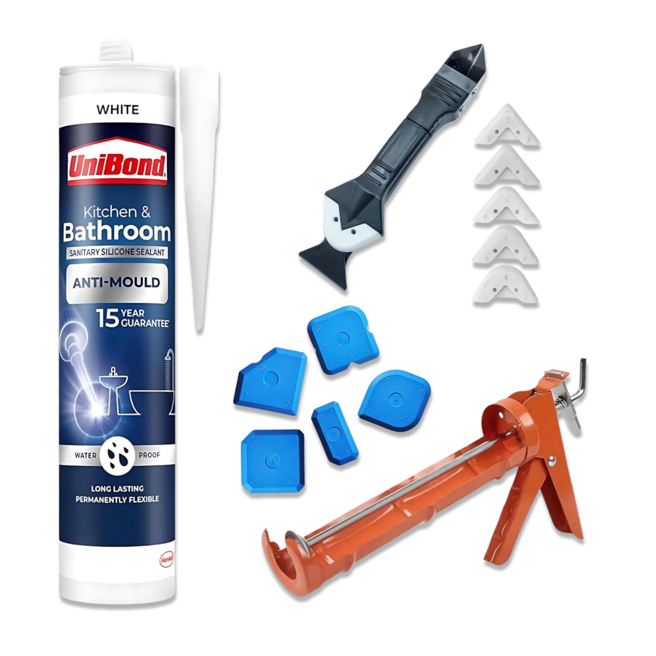 White Silicone Sealant Application Bundle With Unibond Kitchen & Bathroom Sealant, Caulking Gun