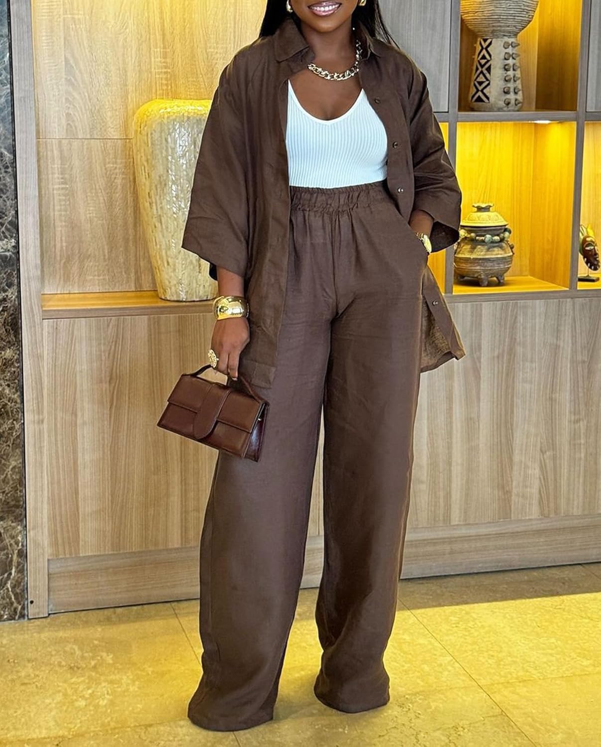 Voghtic 2 Piece Outfits For Women Lounge Sets 3/4 Sleeve Button Down Shirts And Wide Leg Pants Sets - Image 6