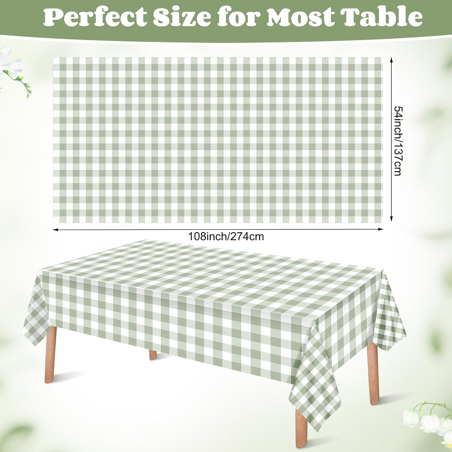 Ganeen 3 Pcs Green and White Checkered Tablecloths Disposable Plastic Gingham Table Cloths Waterproof Rectangle Plaid Table Cover for Christmas Wedding Picnic Birthday Party Decor, 54 x 108 Inch