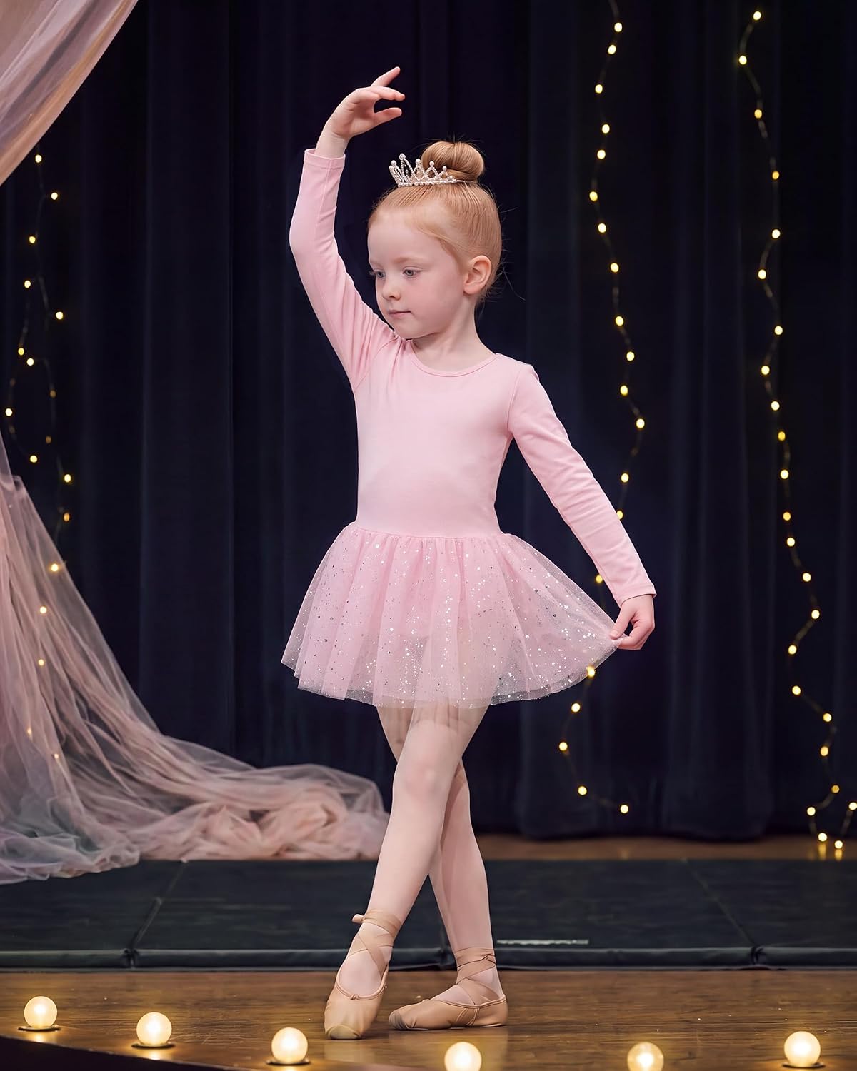 Stelle Ballet Leotards for Girls Long Sleeve Dance Leotard with Sequin Tulle Tutu Skirt Toddler Ballerina Outfit