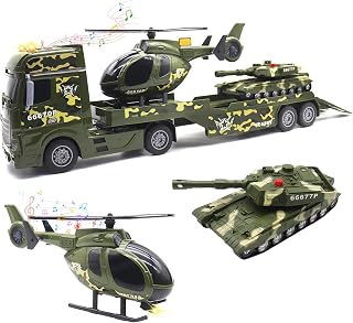 Green Military Truck Toy for Kids - 25.6’’ Large Army Semi Truck with Helicopter & Tank - 3 in 1 Friction Powered Army Vehicle with Lights & Sounds, Military Toy Gift for Boys Girls