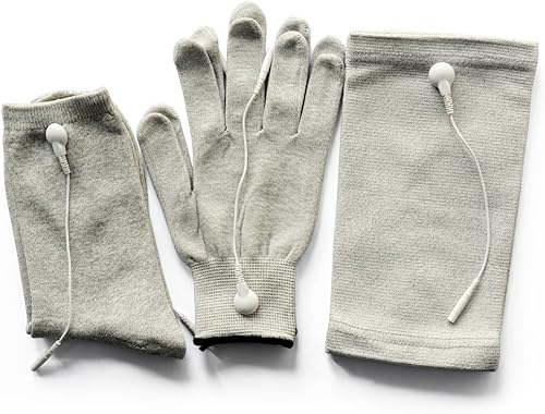 Par de guantes de electrodo TENSEMS de fibra conductora y rodilleras de masaje y calcetines de masaje con 6 unids cables de plomo adaptador para