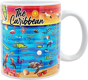 Caribbean Islands Map Mug - Souvenir Gift Coffee Cup 11 Ounces - Collectible Bahamas, Aruba, St. Maarten Tea Gift