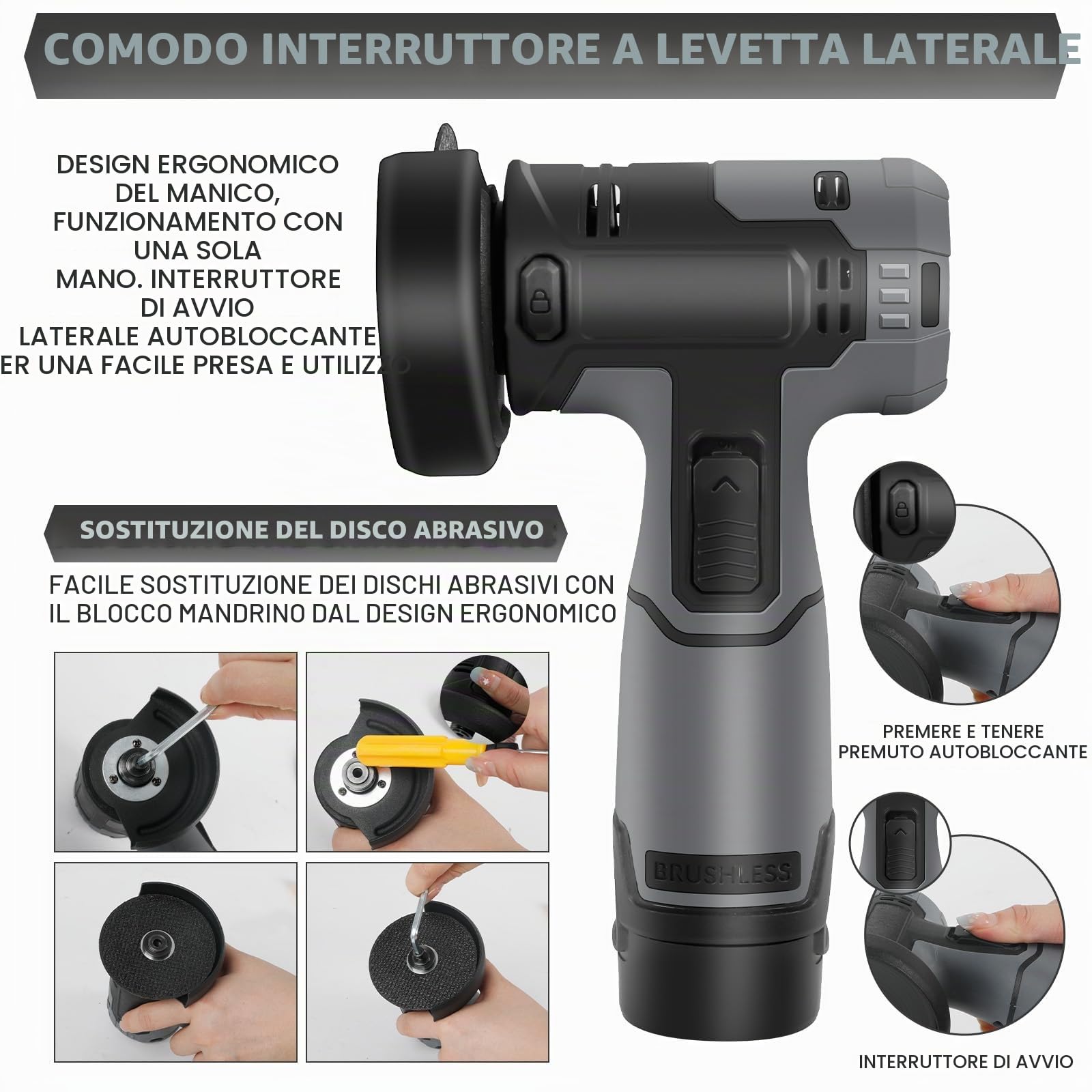 Smerigliatrice a Batteria 76MM, 32000 RPM Smerigliatrice Angolare, Mini Smerigliatrice a Batteria con 2 Batterie 16.8V 2500mAh e 4 Dischi da Taglio per Tagliare, Lucidare e Levigare
