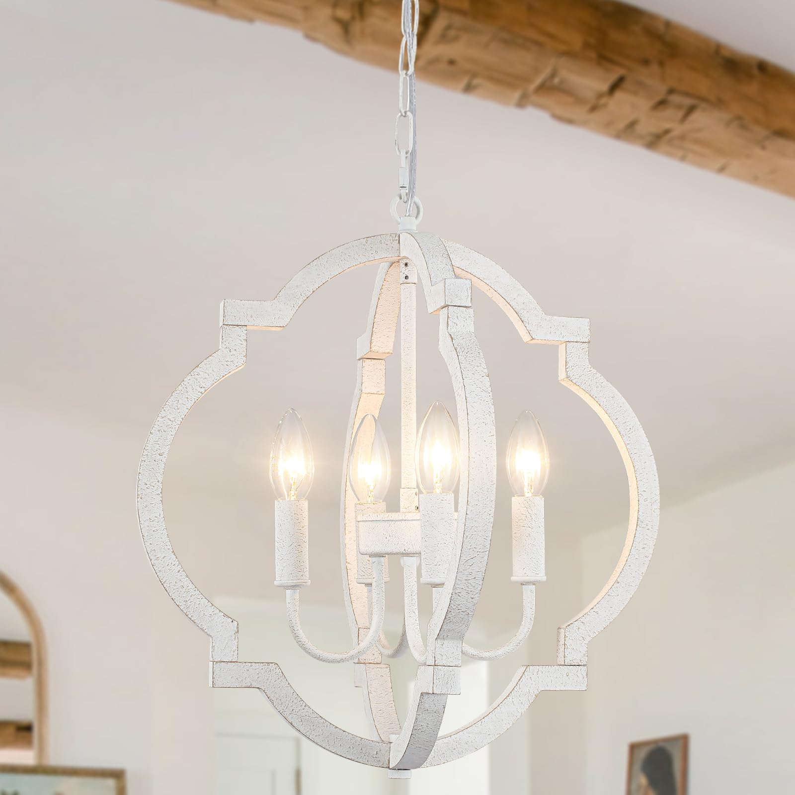 WTUOING White Chandelier, 4 Lights Vintage Small Chandeliers Ceiling Lights Living Room Bedroom Kitchen Hallway, Farmhouse Shabby Pendant Light Fitting for Dining Room, Lounge, Height Adjustable, E14