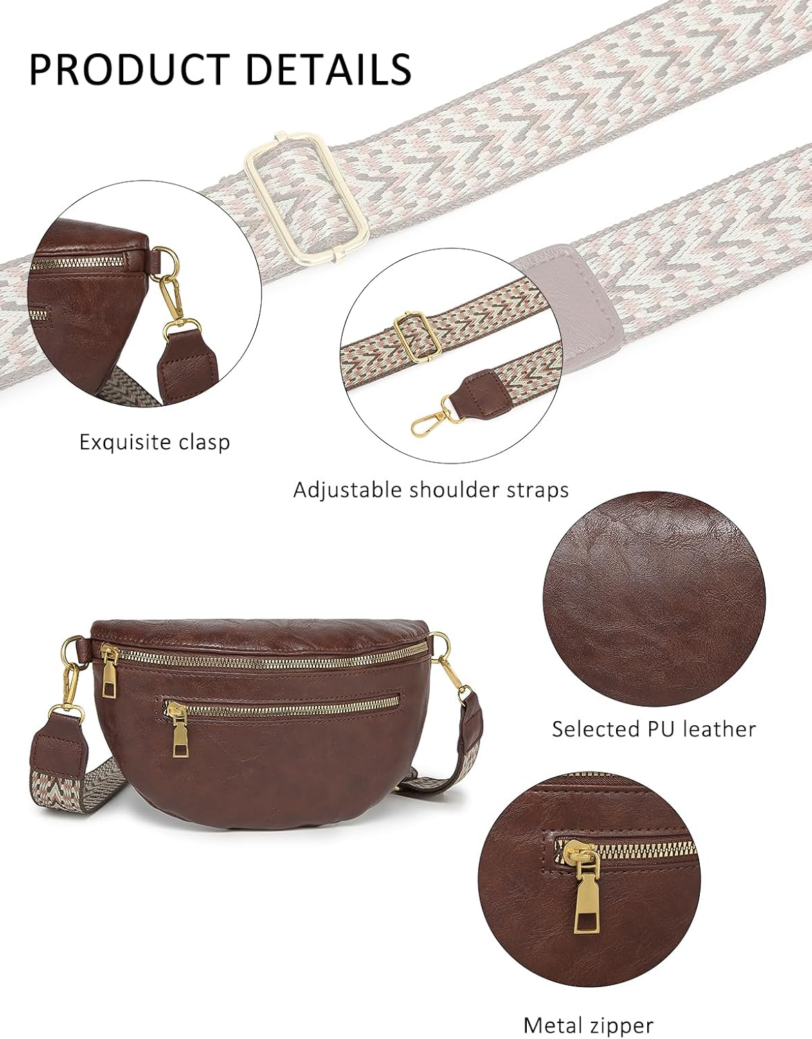 PU Leather Fanny Pack Crossbody Sling Bag for Women - Trendy Belt Bag with Adjustable Strap, Lightweight for Travel Daily Use (Zipper - Vintage Brown) - Image 5
