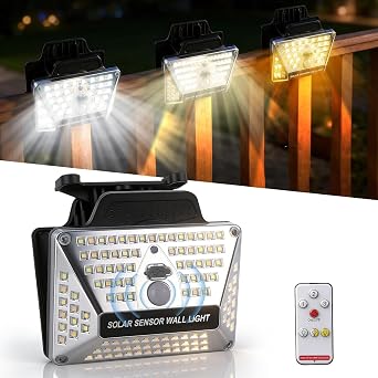 BORUIT Clip On Solar Lights Outdoor, 3 Color Temperature,111 LEDs Solar Powered Fence Light with Motion Sensor, USB C Rechargeable, Security Light with Remote for Outside Wall Gutter Garage Yard