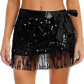 Womens Sequin Fringe Mini Skirt, Sparkly Tassel Hip Scarf Wrap for Rave Outfits