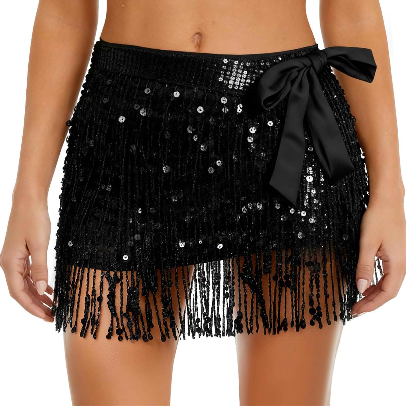 Women’s Sequin Fringe Mini Skirt, Sparkly Tassel Hip Scarf Wrap for Rave Outfits