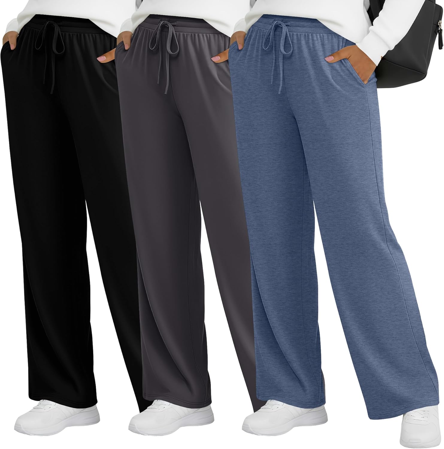 Huukeay 3 Pack Women's Plus Size Wide Leg Lounge Pants, Drawstring Baggy Yoga Pants Casual Loose Sweatpants