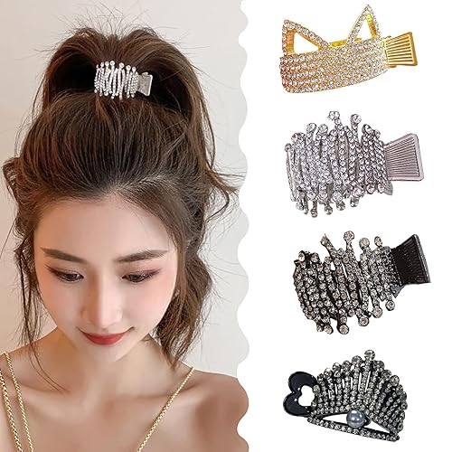 Paquete de 4 pinzas de pelo con diamantes de imitación pinzas pequeñas para el cabello para cola de caballo alta soporte de cola de caballo de