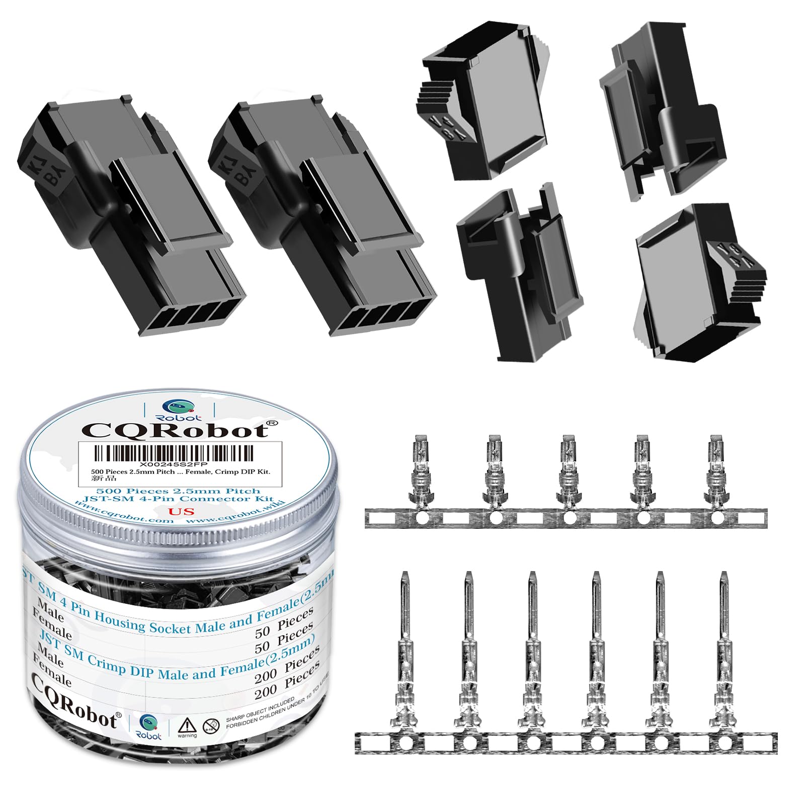 CQRobot JST SM 2.5 mm Pitch 4-Pin Electronic Connector IC Male Plugs, Female Sockets Housing and Male/Female T-Shaped Crimp Terminal Kit. 50 Sets/500