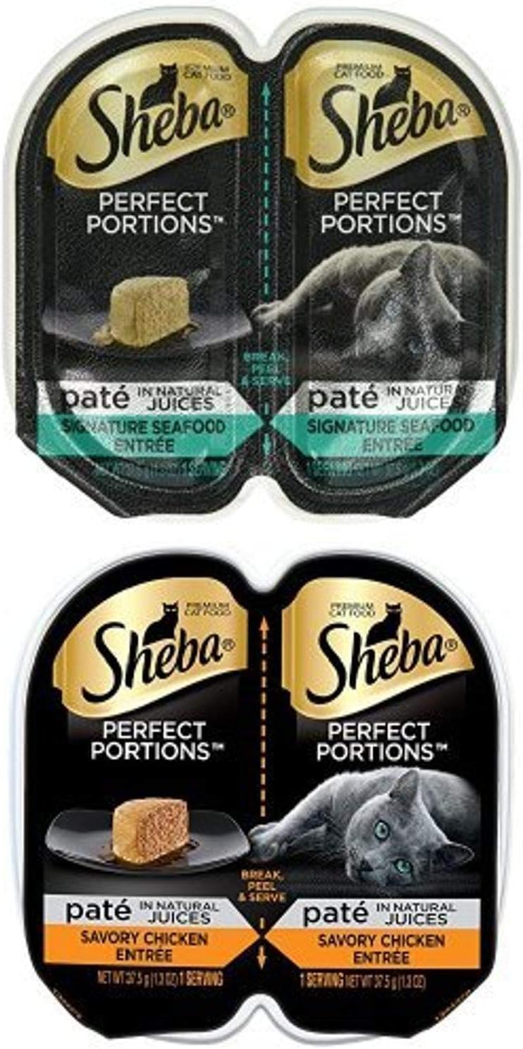 Sheba Perfect Portions Paté In Natural Juices Signature Seafood And Savory Chicken Entrée Grain Free Cat Food 2.6 Ounces (48 Twin Packs)