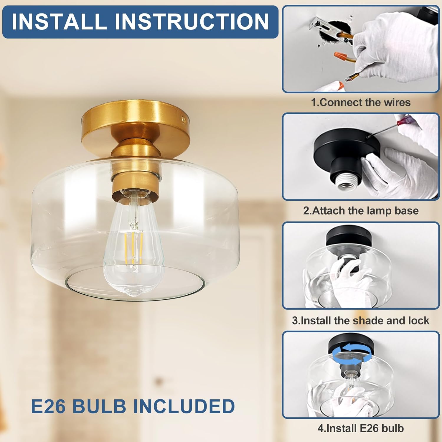 Industrial Semi Flush Mount Ceiling Light: Gold Kitchen Lighting Fixtures Ceiling with Clear Glass - Vintage Hallway Light Fixtures E26 Bulb Included - 8.46” Light Fixtures Mount for Foyer
