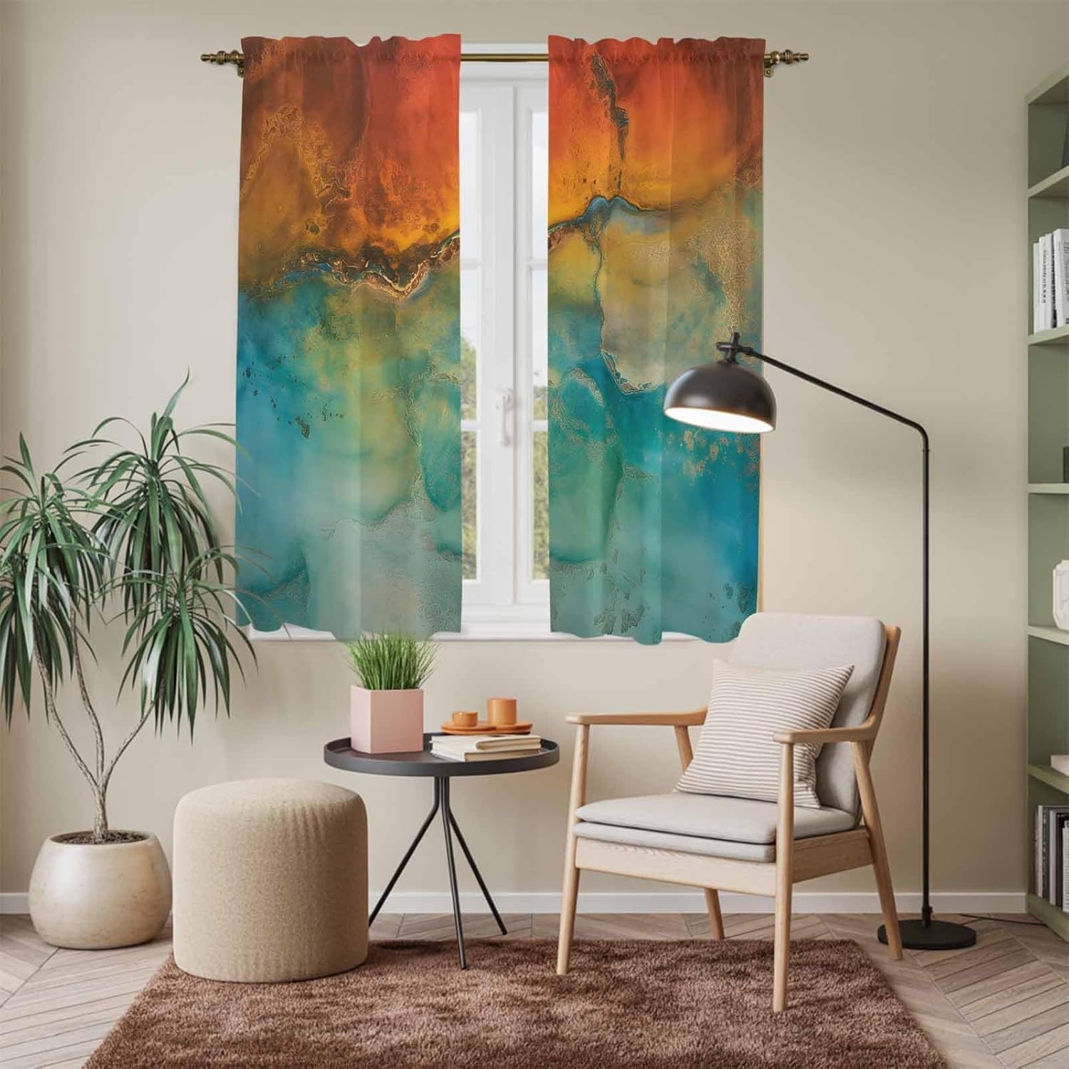 Abstract Window Curtains 63 Inch Long 2 Panel Set,Rod Pocket Bedroom Curtains & Drapes,Orange Teal Green Gradient Fluid Modern Oil Painting Light Filtering Window Treatment for Living Room 42"W x 63"L