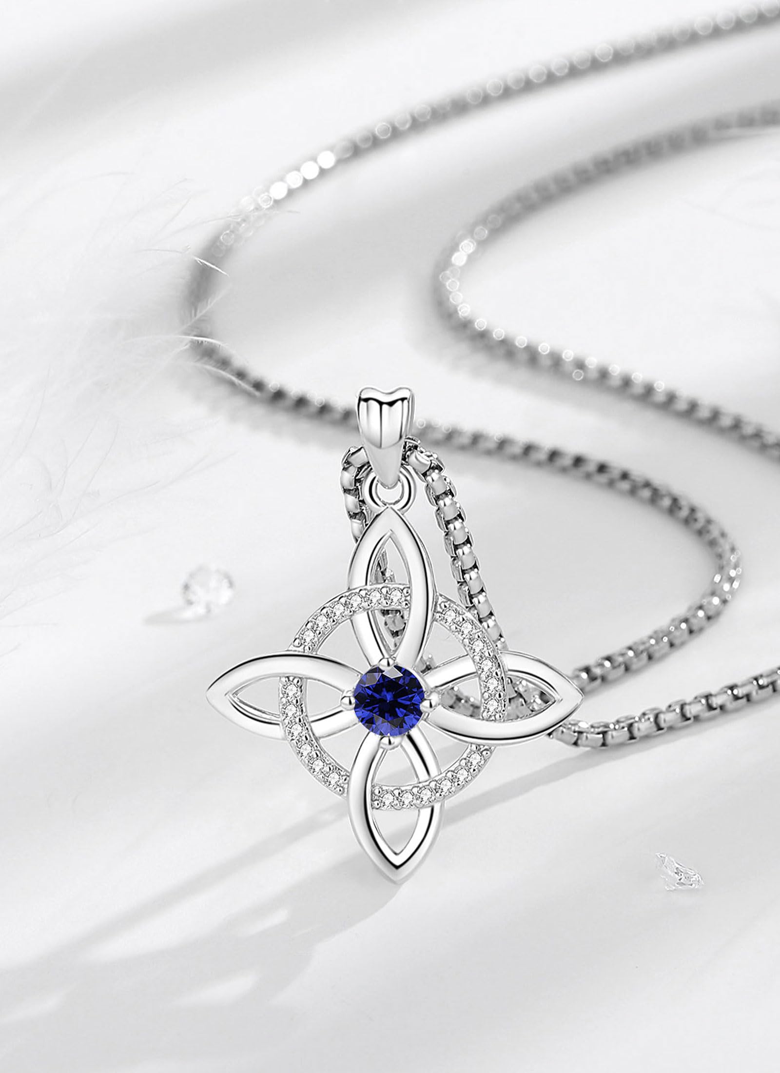 AEONSLOVE Collier Nœud de Sorcière Argent 925 pour Femme Fille, Collier Nœud Wiccan avec Pierre de Naissance Pendentif Celtique Chance Bijoux Charme de Sorcière
