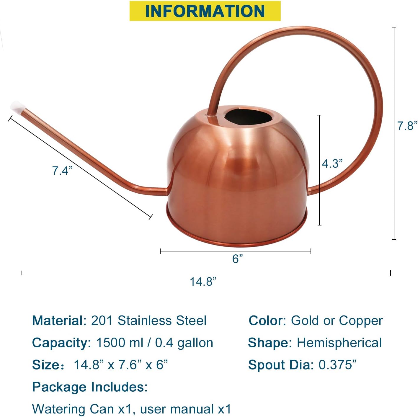QIEGL Metal Long Spout Watering Can for Indoor and Outdoor 50oz/1.5L Stainless Steel Hemisphere Decorative Flower Watering Cans for Garden Plants(Copper)
