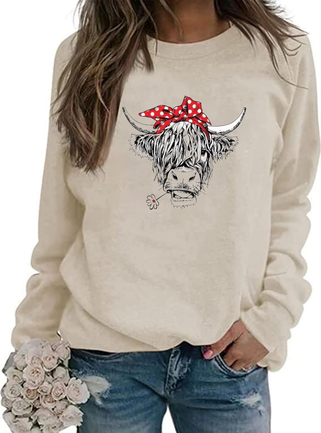 Women Cow Sweatshirt Funny Animal Graphic Long Sleeve Top Farm Life Pullover Western Cowgirl Casual Shirts - Image 3